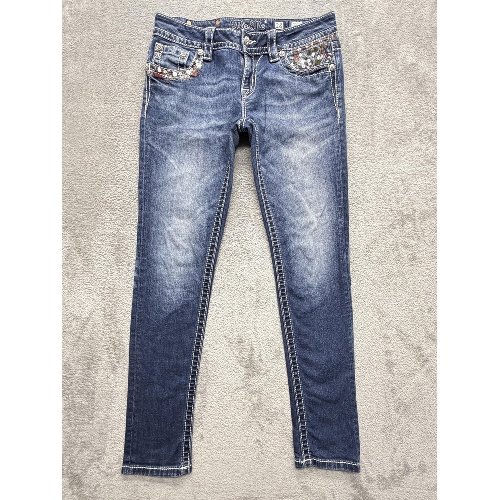 Miss Me Jeans Womens 28 Blue Skinny Embroidered Rhinestone Sequin Studded